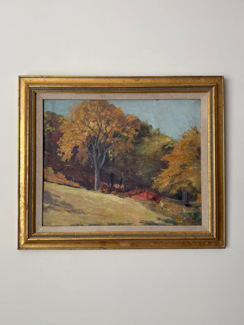 Autumn Meadow, an original vintage American landscape painting in a gilt frame