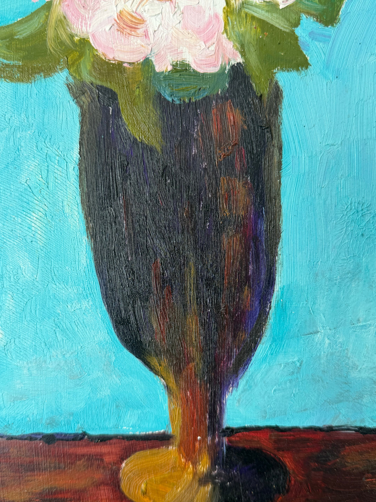 Close-up of the dark vase and loose expressive brushwork in the vintage rose painting