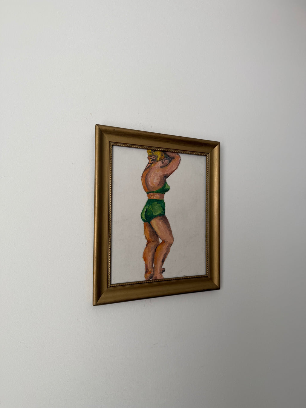 Original vintage modernist female figure painting displayed in a gilt wood frame