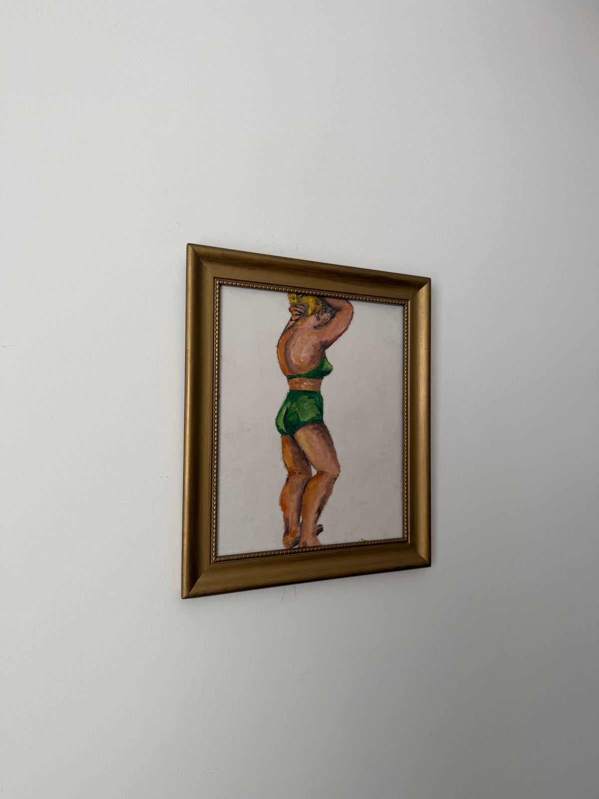 Original vintage modernist female figure painting displayed in a gilt wood frame