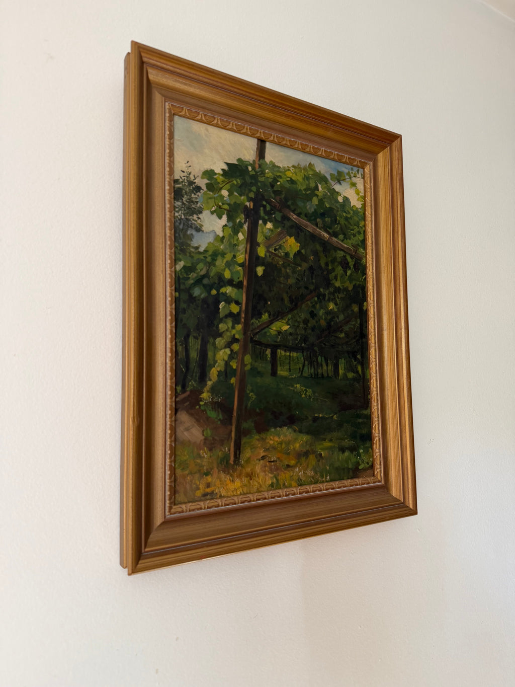 Vintage Impressionist Vineyard Pergola Oil Painting on Board in Gilt Frame
