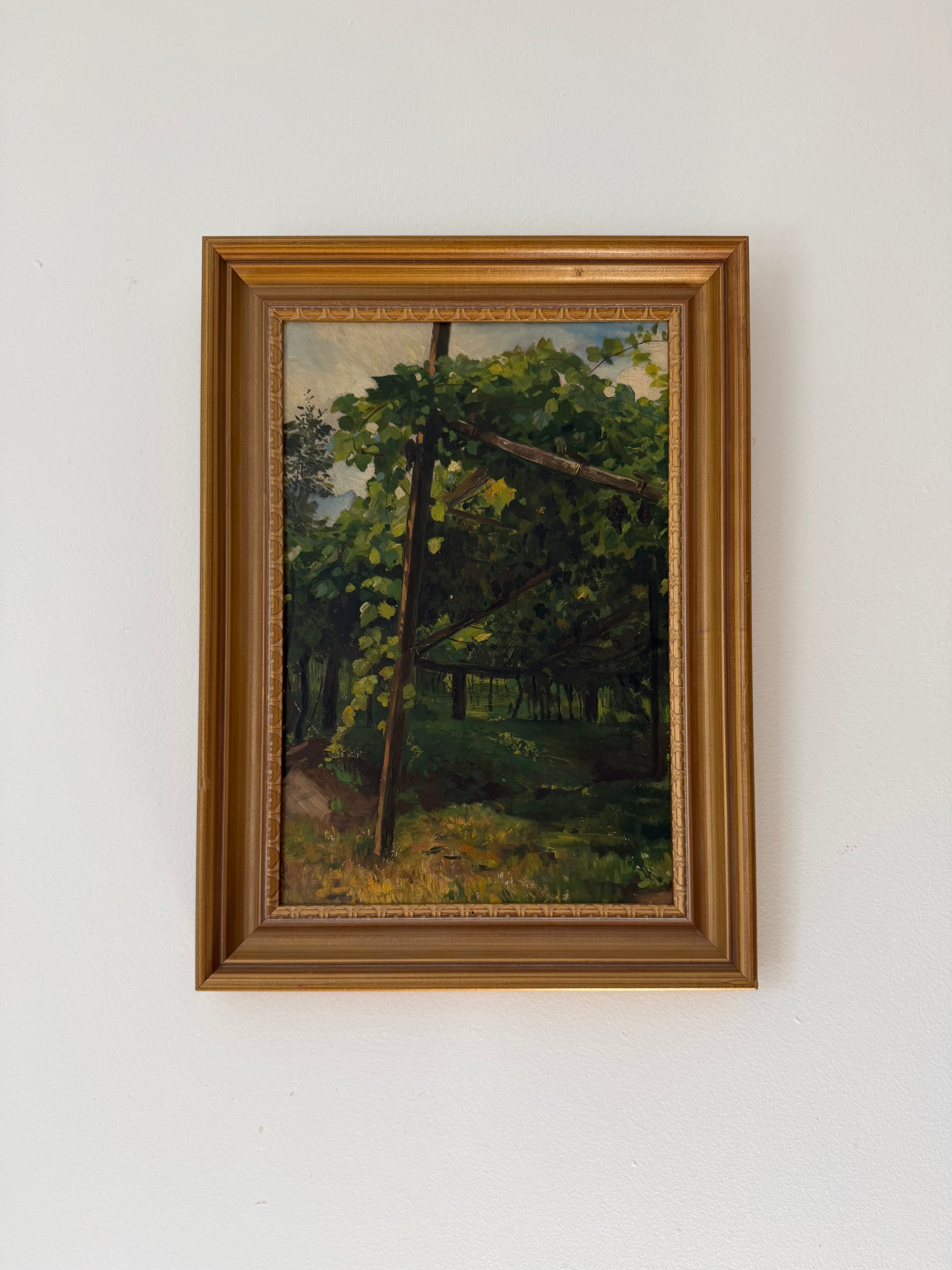 Vintage Impressionist Vineyard Pergola Oil Painting on Board in Gilt Frame