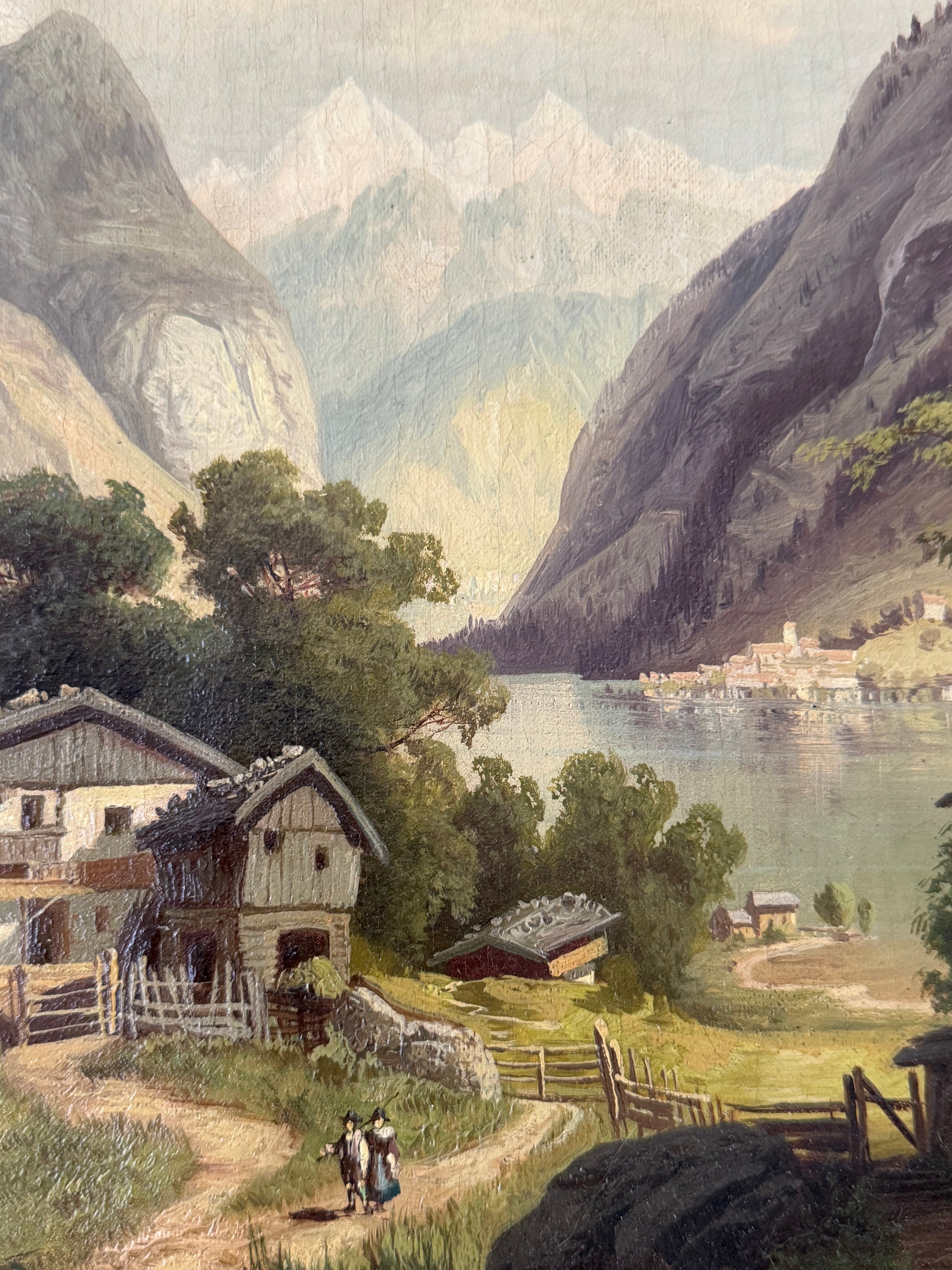 19th Century English Mountain Village Landscape Oil Painting by J.M. Meeker