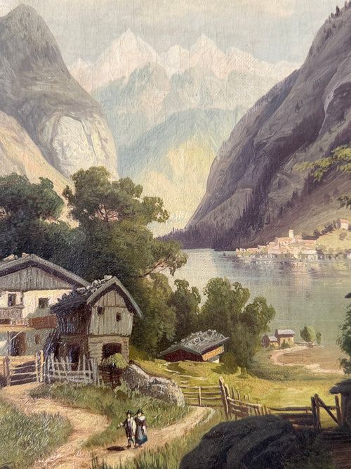 19th Century English Mountain Village Landscape Oil Painting by J.M. Meeker