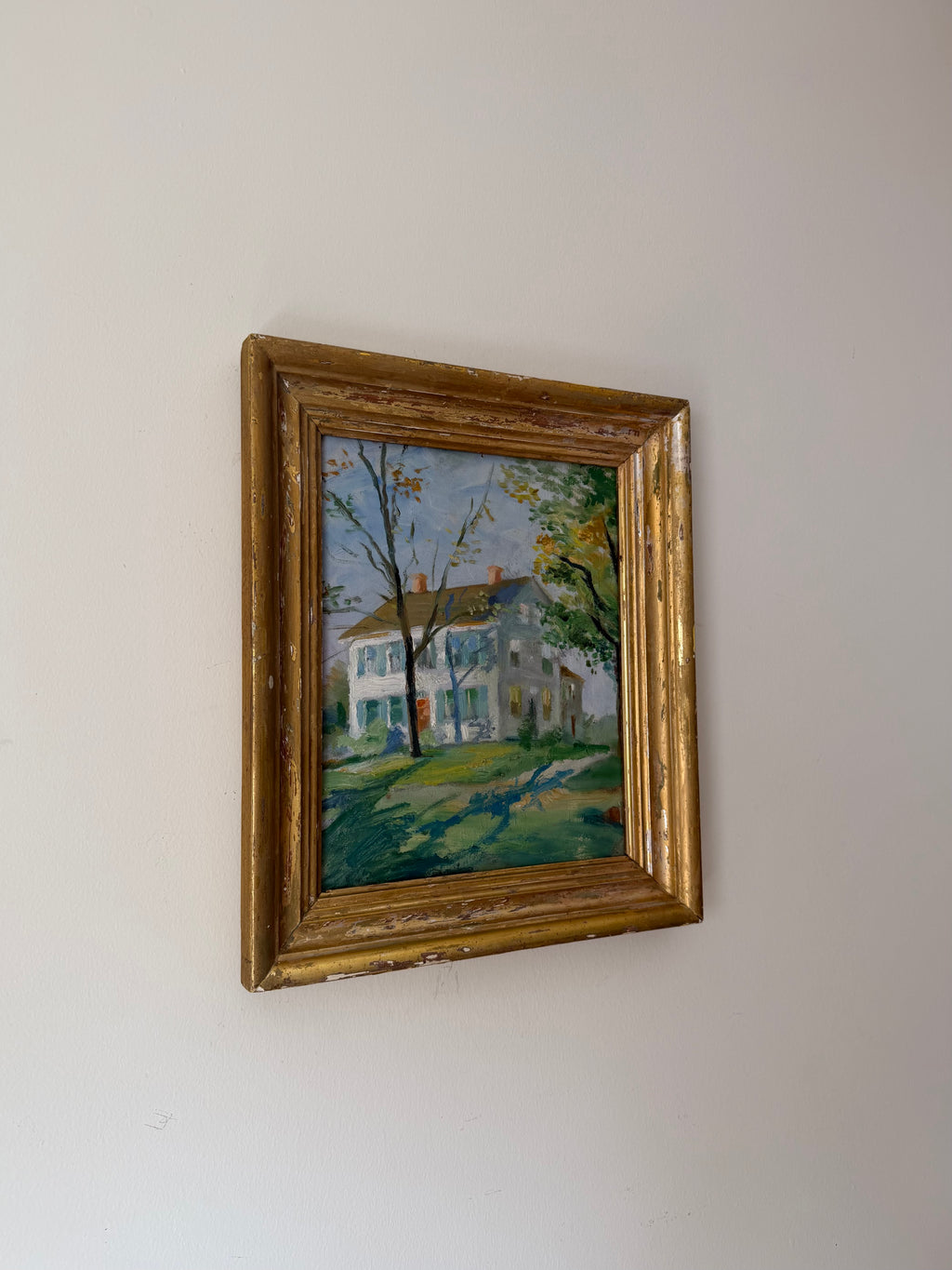 Angled view of The Last Green Days displayed in its antique gilt wood frame