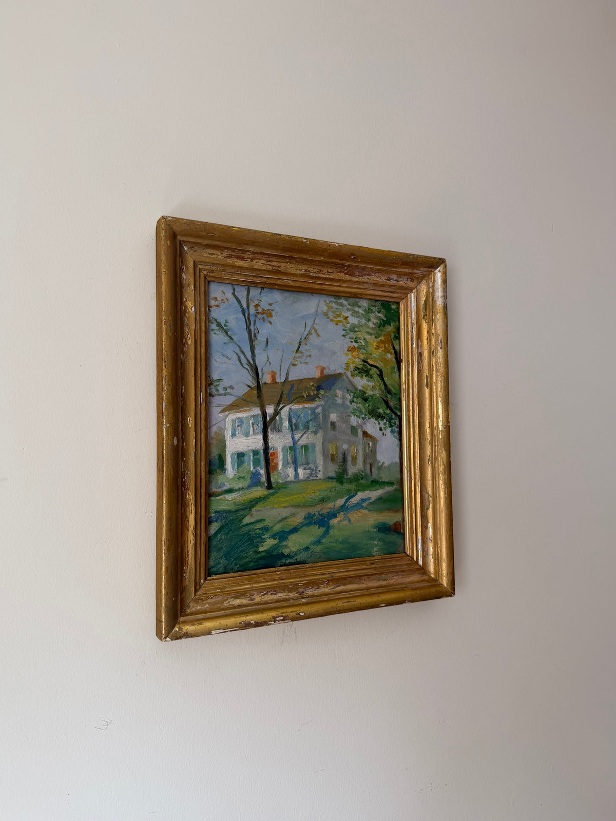 Angled view of The Last Green Days displayed in its antique gilt wood frame