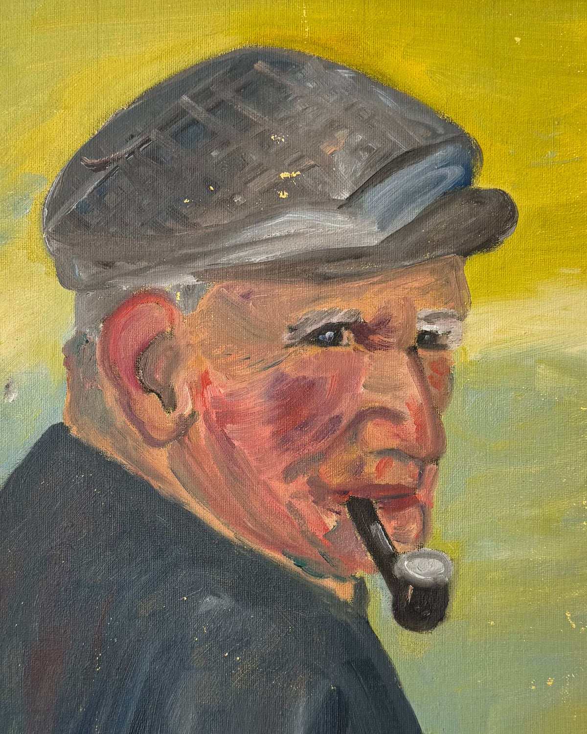 Vintage oil painting of an expressive older man wearing a gray cap and smoking a pipe