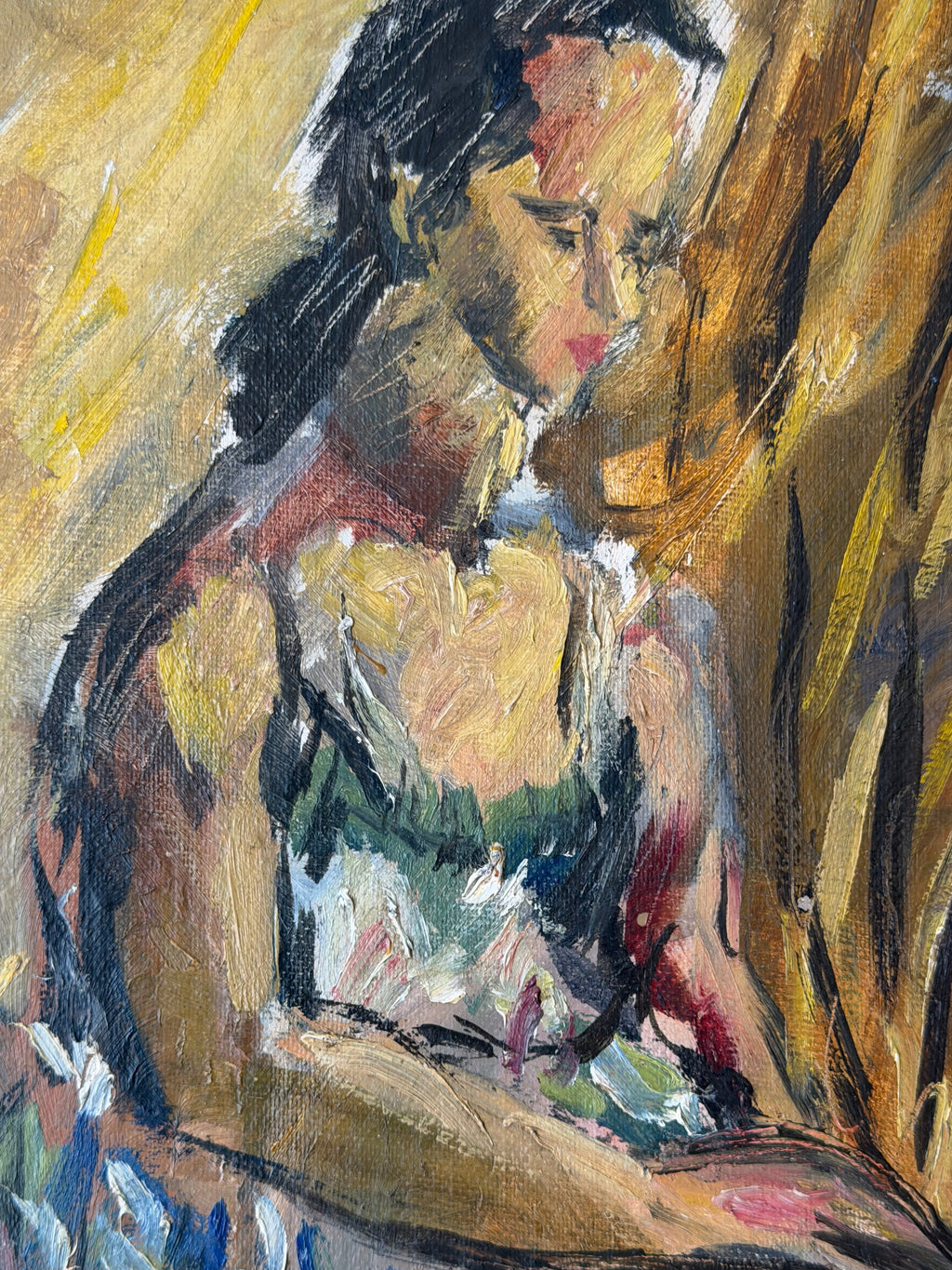 Detail of seated ballerina in an expressive oil painting by Wood Gaylor