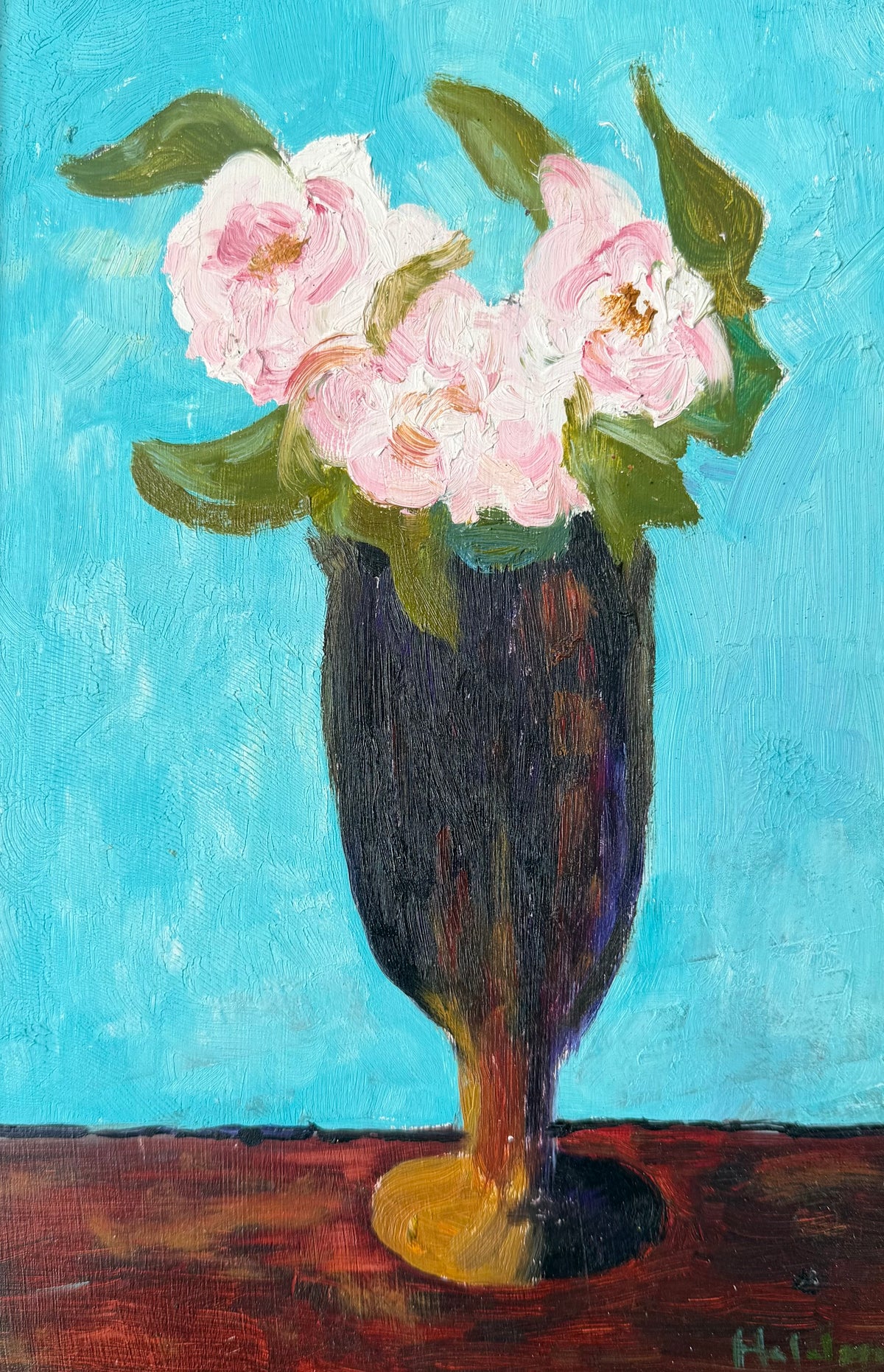 Full view of an original vintage still life painting with pink roses and a dark vase