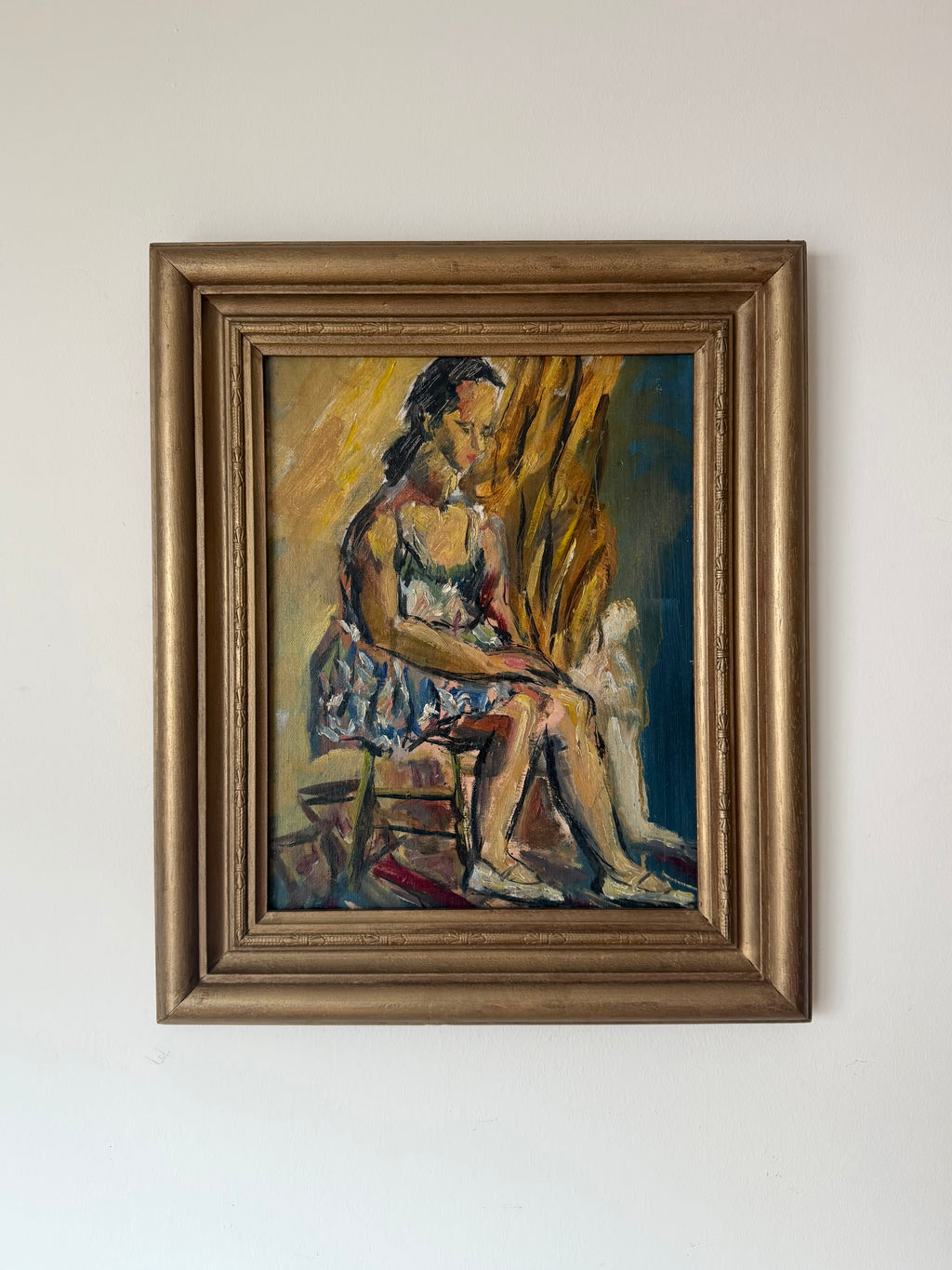 Pensive Ballerina original midcentury oil painting by Wood Gaylor in a vintage gilt frame
