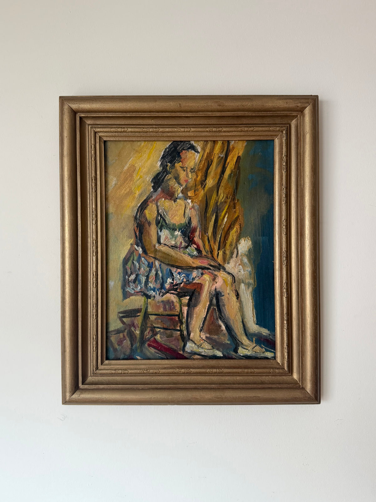 Pensive Ballerina original midcentury oil painting by Wood Gaylor in a vintage gilt frame