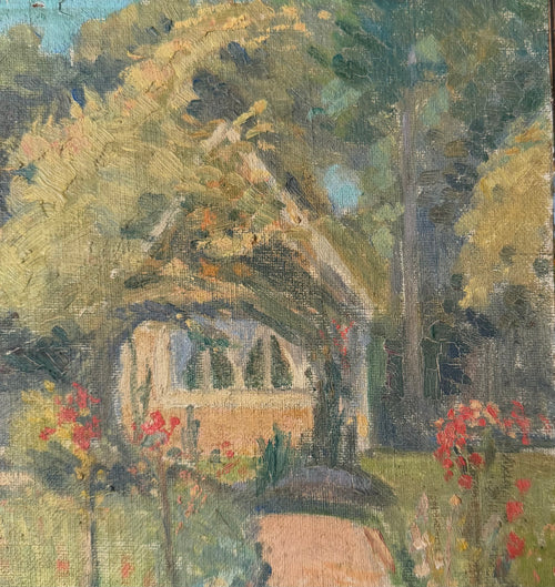 Detail of a cottage among flowers and trees in a colorful English garden painting