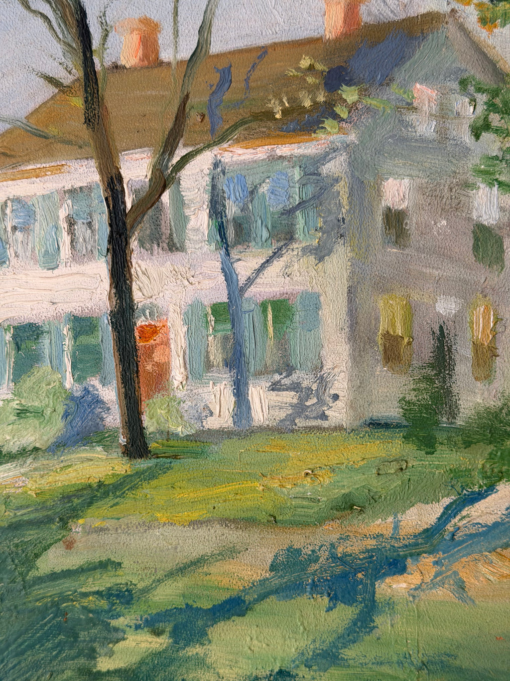 Detail of tall trees, green lawn, and loose brushwork in an antique landscape painting