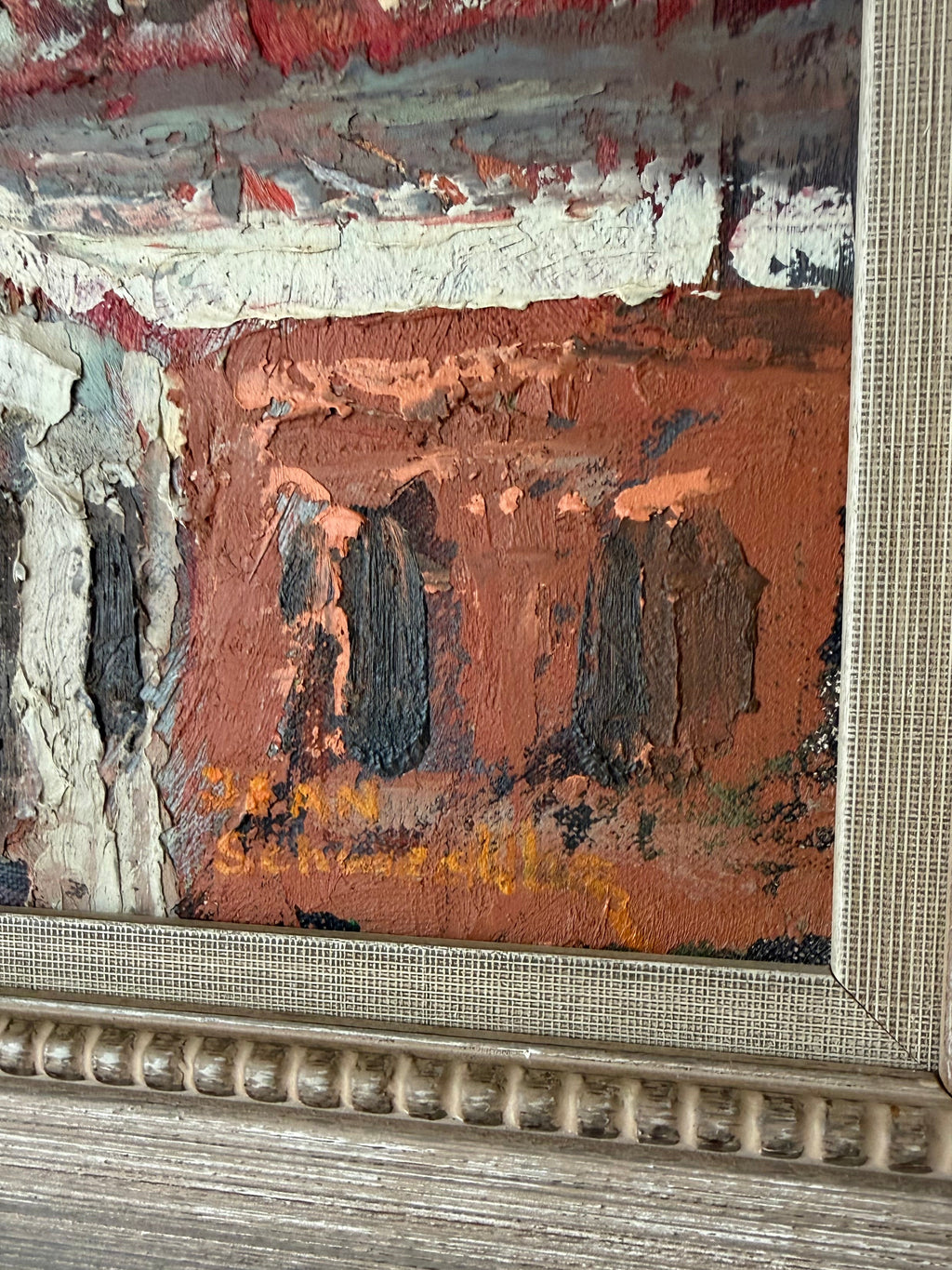 Close-up of Jean-Frédéric Schweckler’s signature on the Taxco Town oil painting
