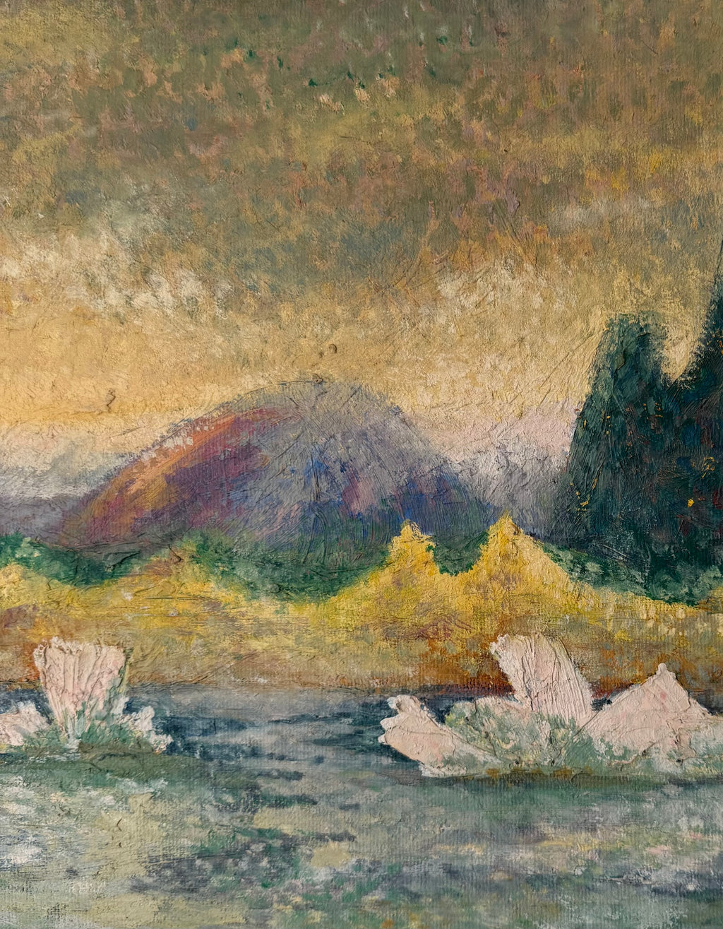 Detail view of 1937 Tierra del Fuego vintage oil painting depicting mountains and water in a warm impressionist landscape