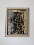 Original vintage modernist figure painting displayed in a light wood frame