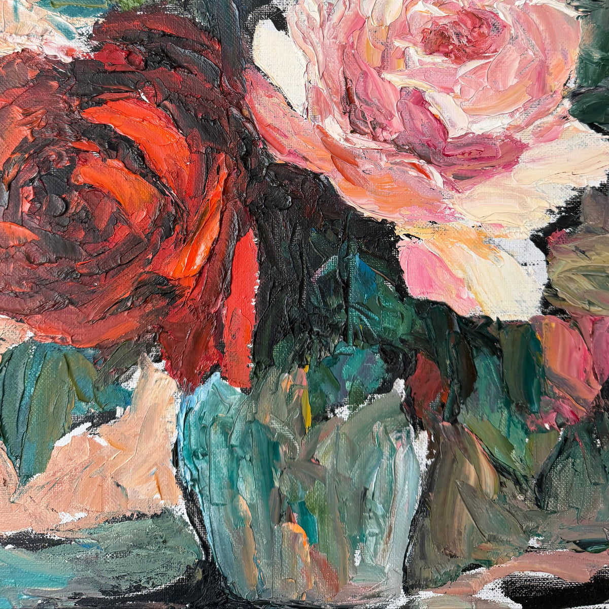 Georges Bousquet floral still life with red and pink roses painted in expressive color