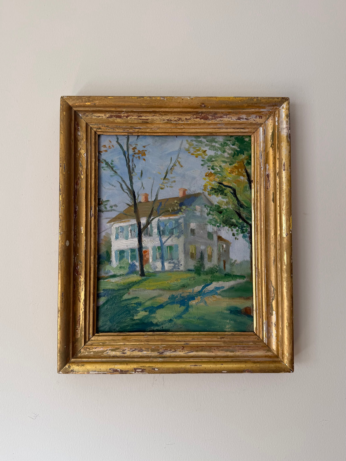The Last Green Days original antique landscape painting in a timeworn gilt wood frame