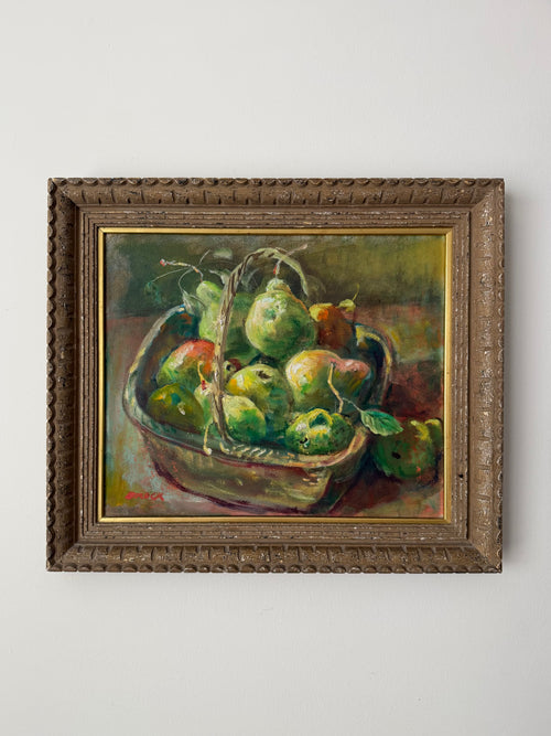 Original vintage fruit still life painting displayed in a decorative gilt frame