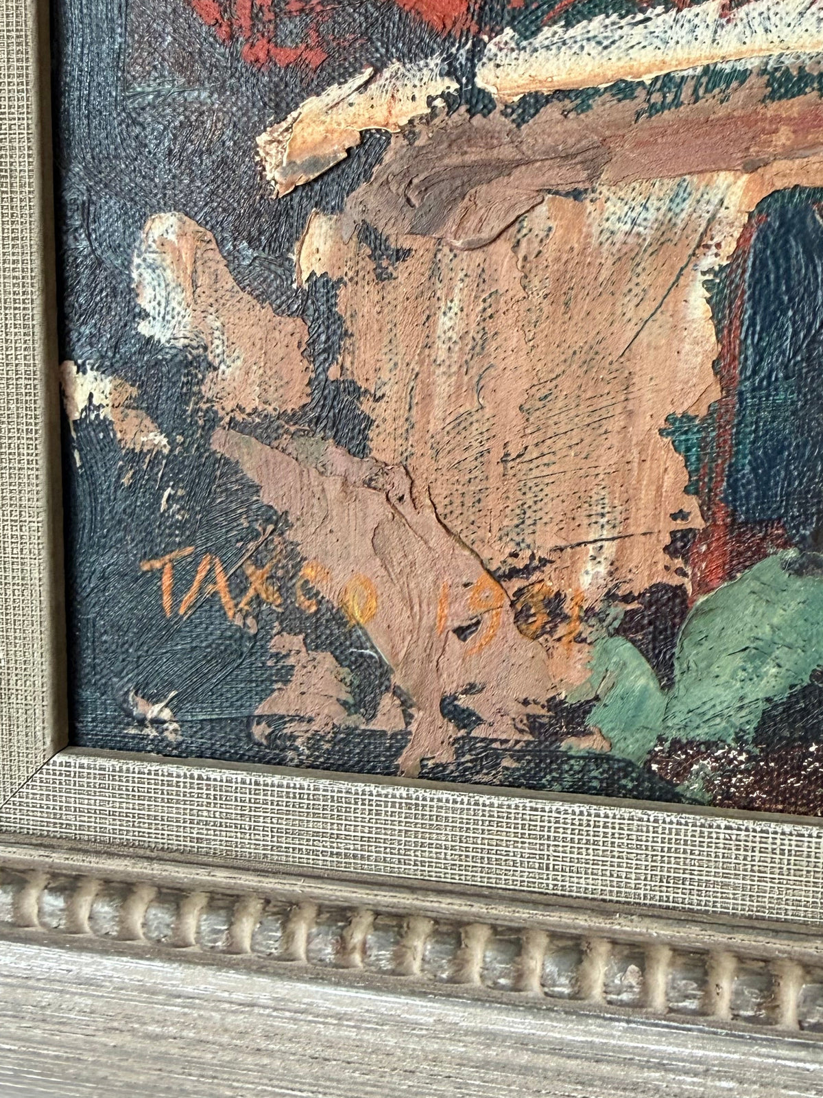 Close-up of the artist’s inscribed date on Taxco Town by Jean-Frédéric Schweckler