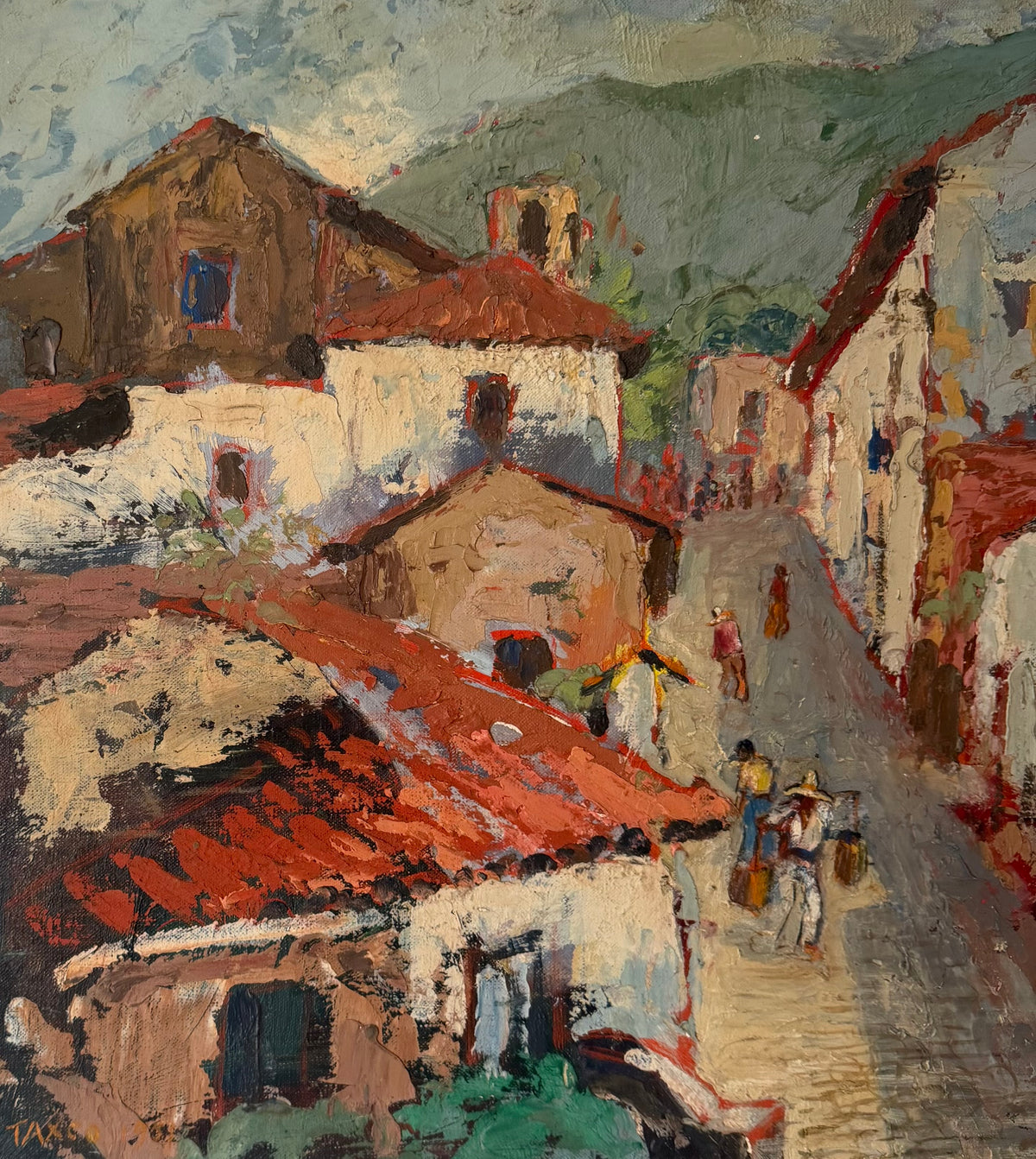 Close-up of a whitewashed building and red tile roof in the Taxco Town oil painting