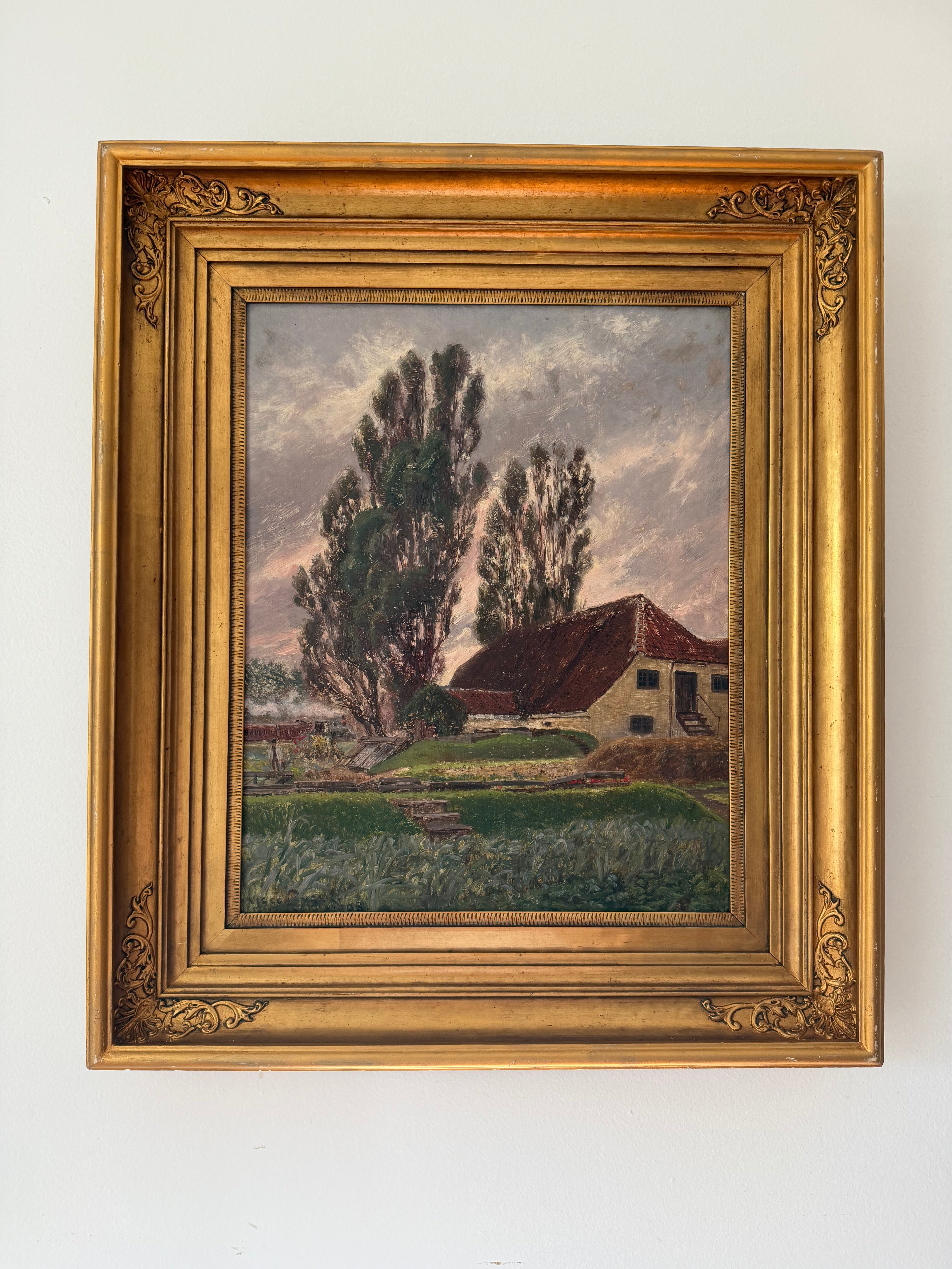 Olaf Viggo Langer (German, b. 1860) Pastoral Farmhouse Landscape Oil Painting