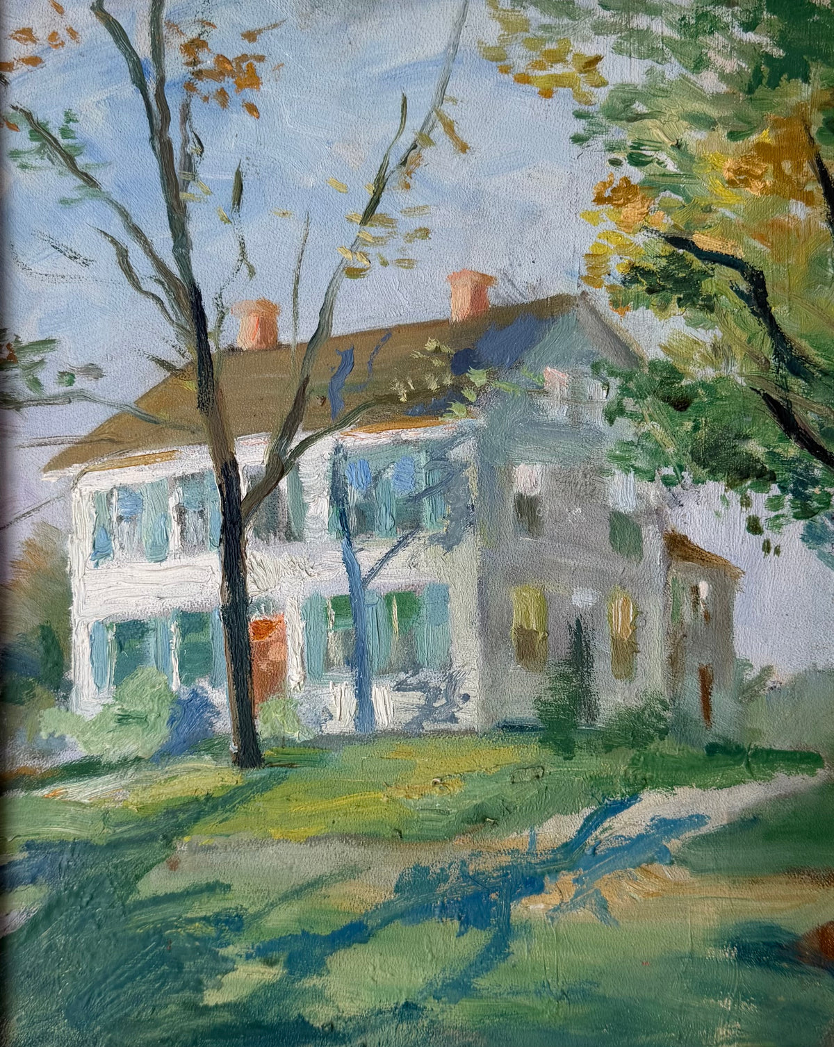 The Last Green Days, an original oil landscape of a white house beneath tall trees