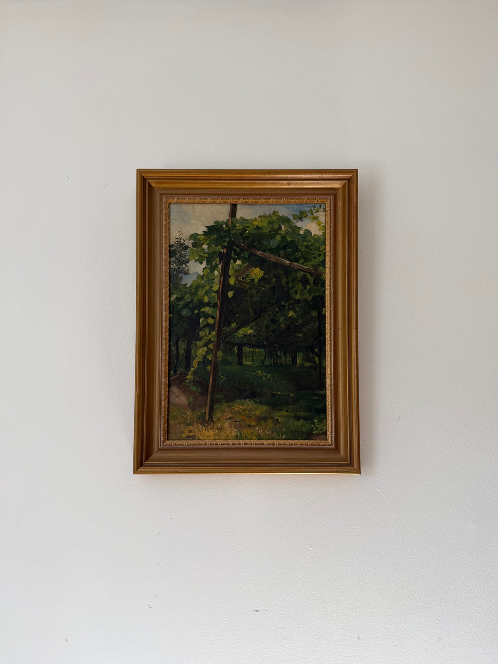 Vintage Impressionist Vineyard Pergola Oil Painting on Board in Gilt Frame