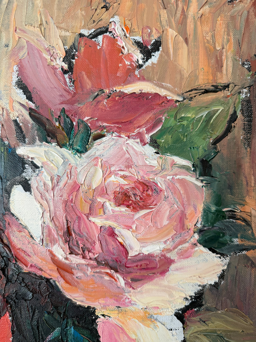 Close-up of pink roses and loose painterly brushwork in a floral painting by Georges Bousquet