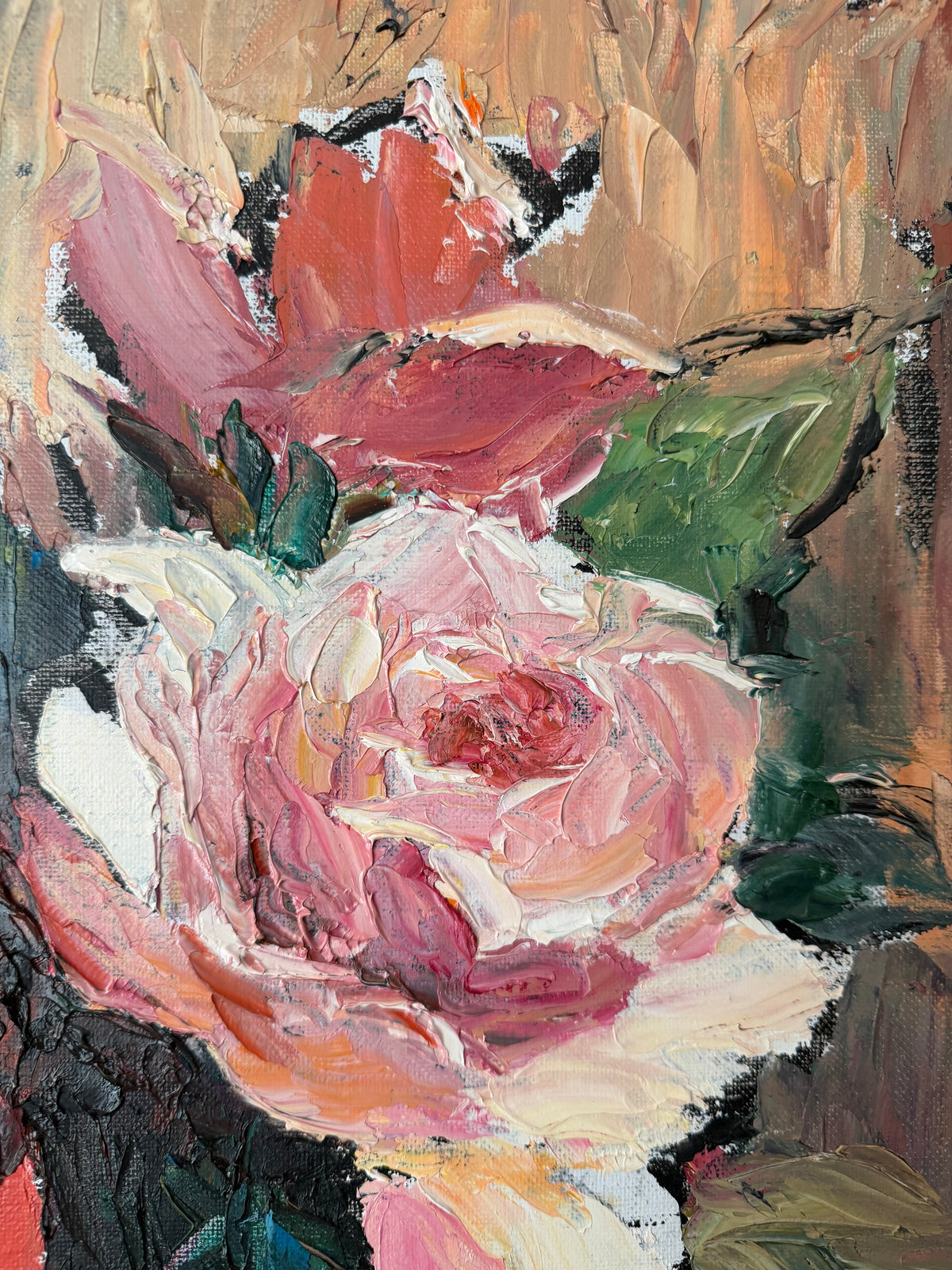 Close-up of pink roses and loose painterly brushwork in a floral painting by Georges Bousquet