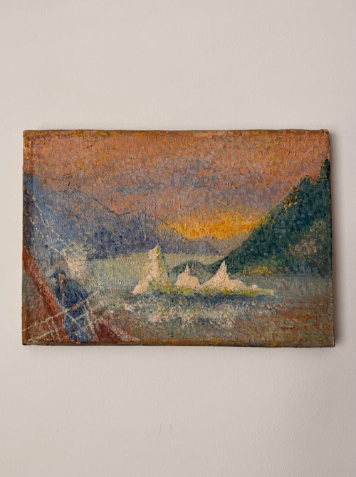 Angostura Inglesa, a 1937 vintage Impressionist coastal landscape displayed on a wall