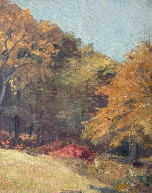 Detail of golden autumn trees and expressive brushwork in the Autumn Meadow oil painting