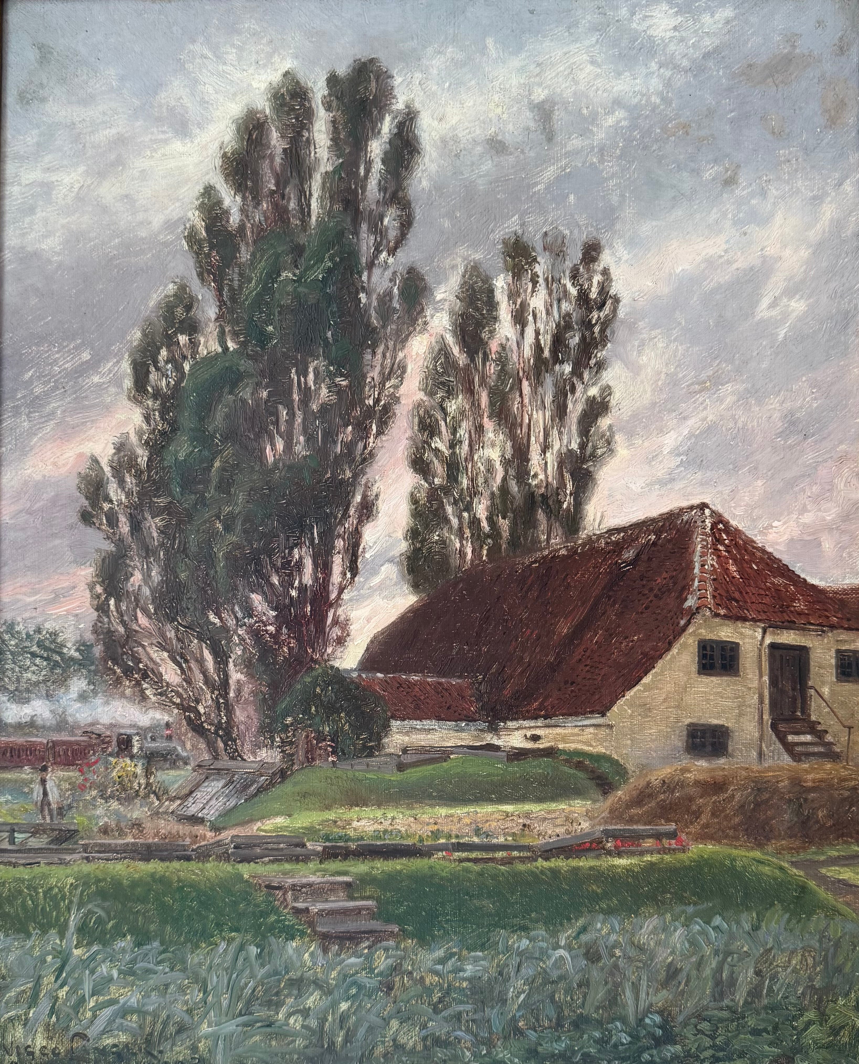Olaf Viggo Langer (German, b. 1860) Pastoral Farmhouse Landscape Oil Painting