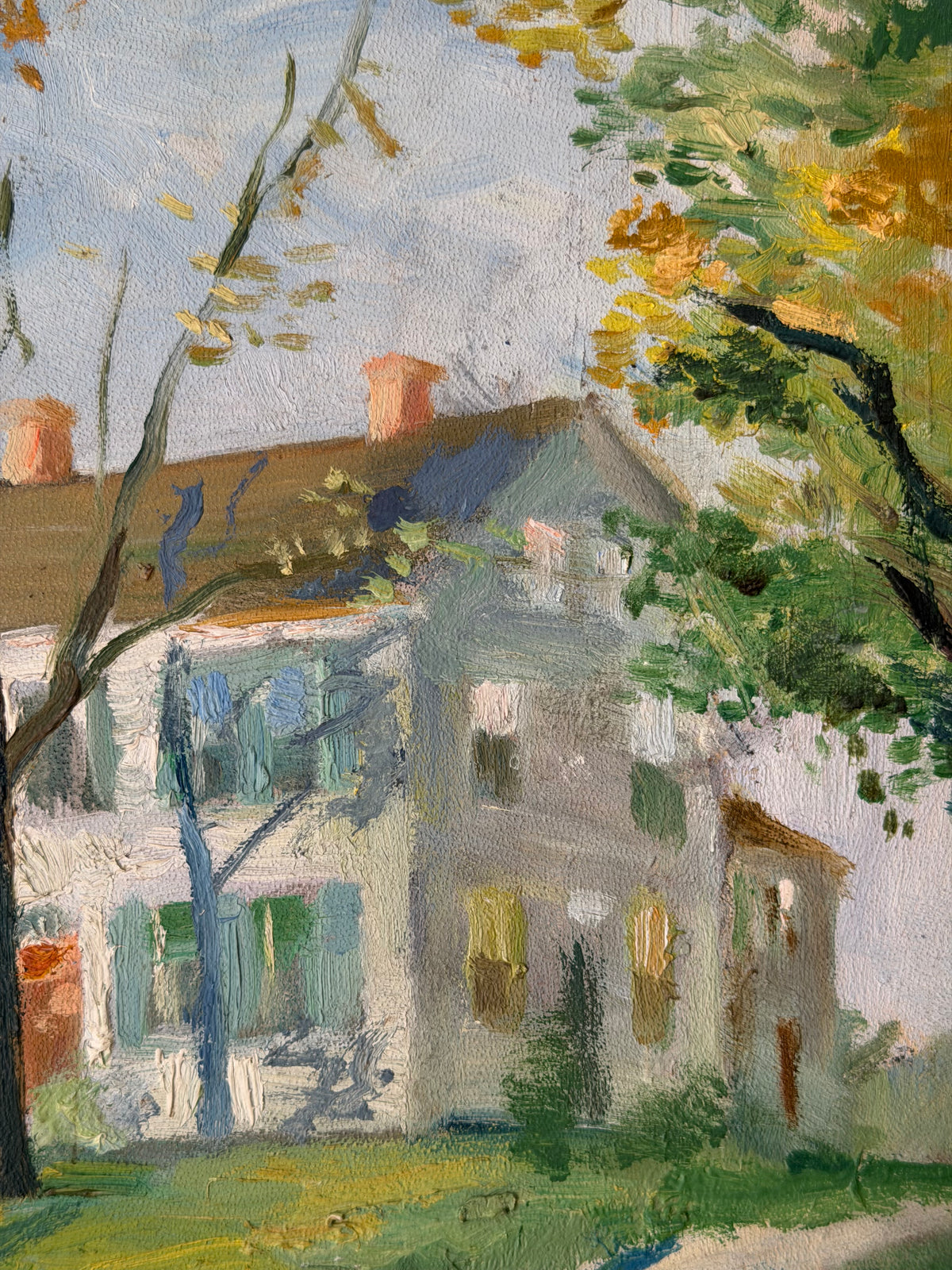 Detail of the white house and soft autumn colors in The Last Green Days oil painting