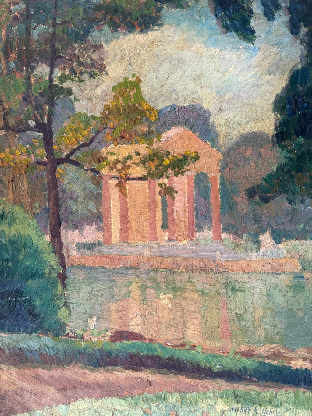 Harry Wertz “Rome” Oil on Board Landscape Painting with Classical Temple