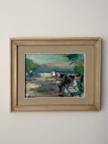 Original vintage Italian coastal painting displayed in a light wood frame