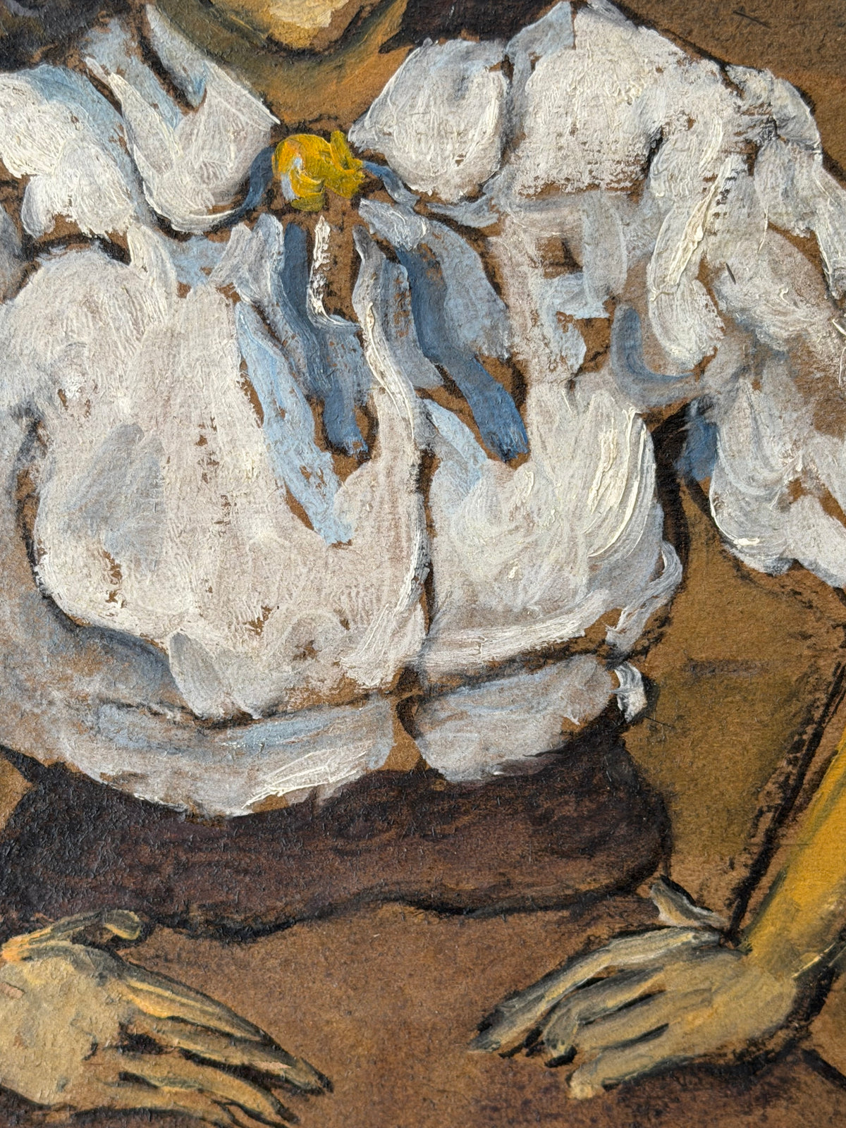 Detail of the figure’s white blouse and expressive brushwork in a Wood Gaylor oil painting