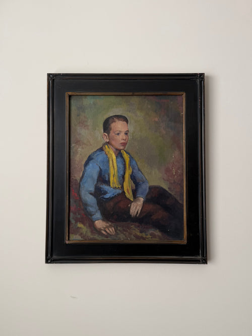 Boy in Blue, an original signed vintage American oil portrait in a classic black frame