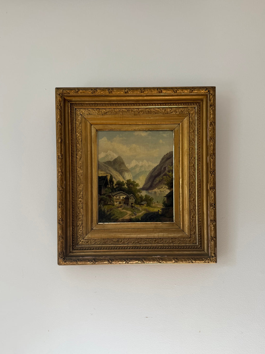 19th Century English Mountain Village Landscape Oil Painting by J.M. Meeker