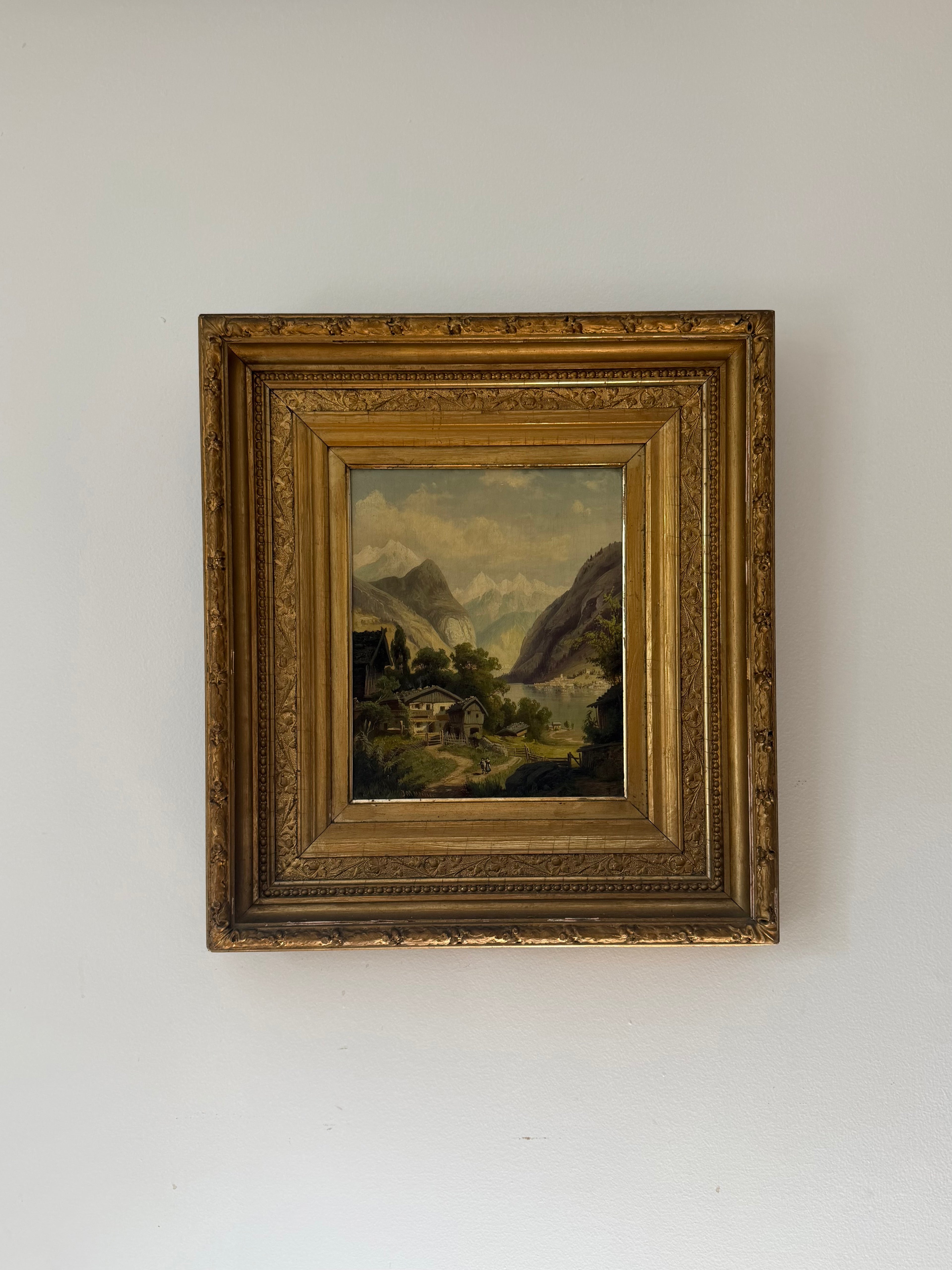 19th Century English Mountain Village Landscape Oil Painting by J.M. Meeker