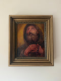 Saint Francis of Paola, an antique European devotional oil painting in a carved gilt wood frame