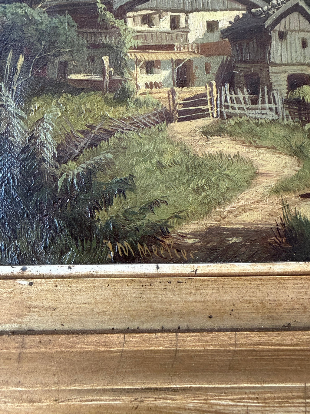 19th Century English Mountain Village Landscape Oil Painting by J.M. Meeker
