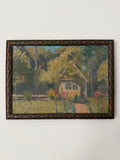 Original vintage English cottage garden painting displayed in a dark wood frame