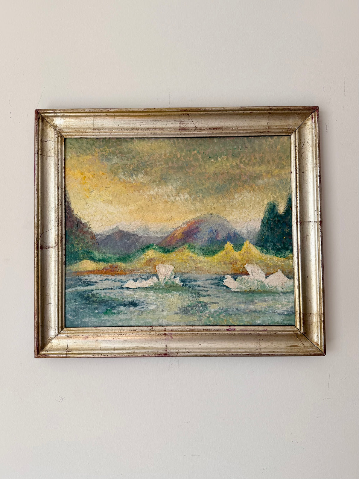 1937 Tierra del Fuego vintage oil painting of a mountain and coastal landscape in its original silver-gilt frame