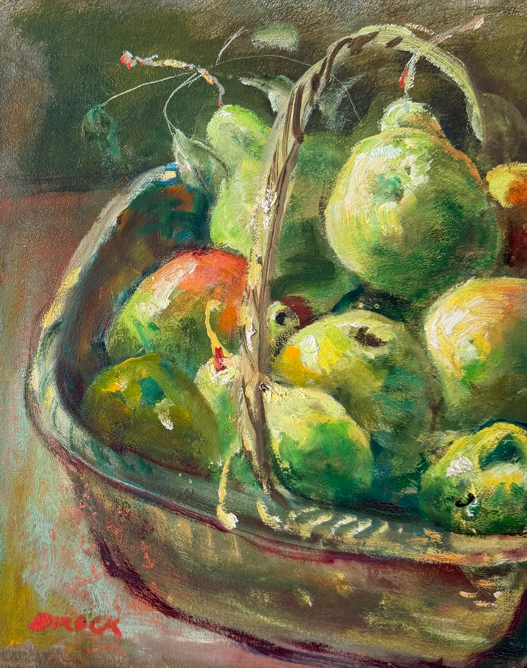 Frank Brokenshaw Still Life Oil Painting | Signed Pears in Basket | Original