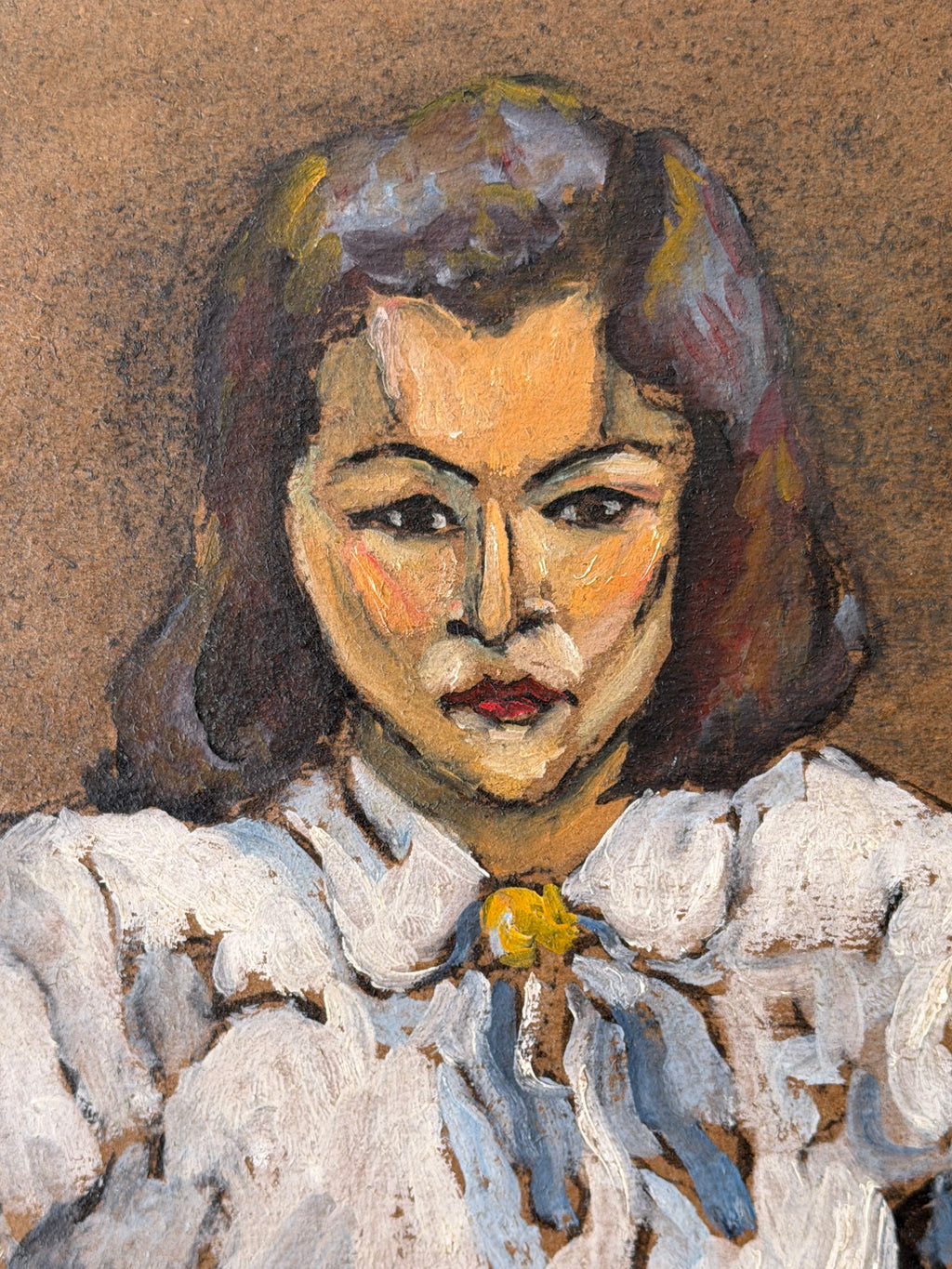 Close-up of the young woman’s face in Now You Listen Here by American artist Wood Gaylor