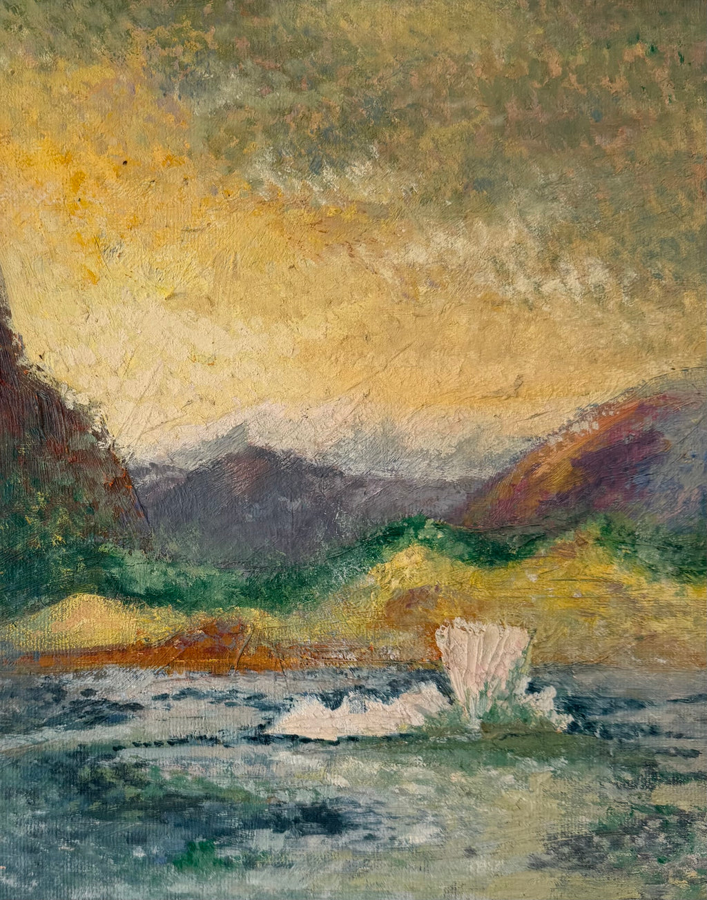 Detail view of 1937 Tierra del Fuego vintage oil painting depicting mountains and water in a warm impressionist landscape