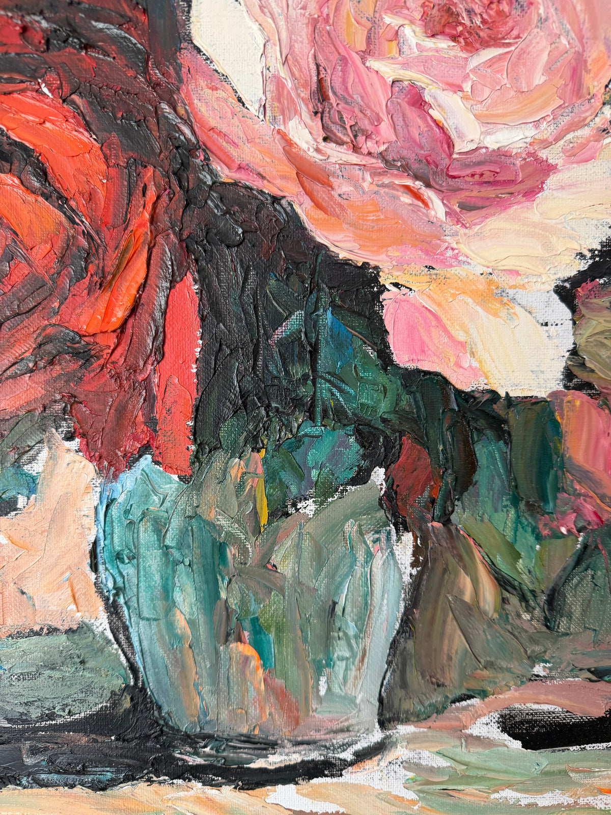 Detail of red flowers and richly layered color in the Georges Bousquet oil painting